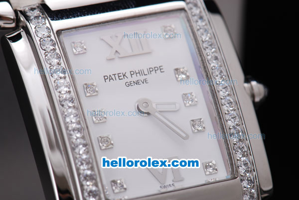 Patek Philippe Ref.4910 Swiss ETA Quartz Movement Diamond White Bezel and Diamond Marking with White Dial Lady Model, White Case and Leather Strap - Click Image to Close